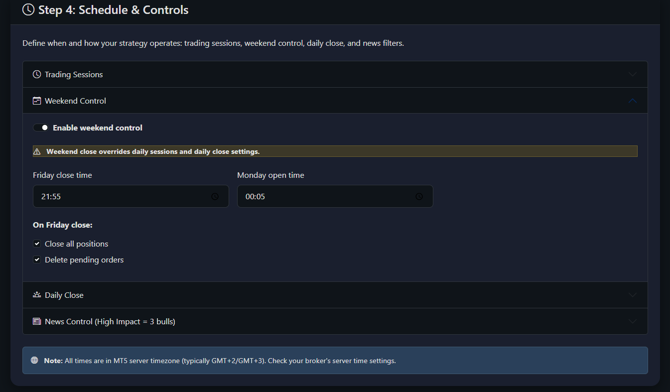 Weekend control in The fAIfth Trader™