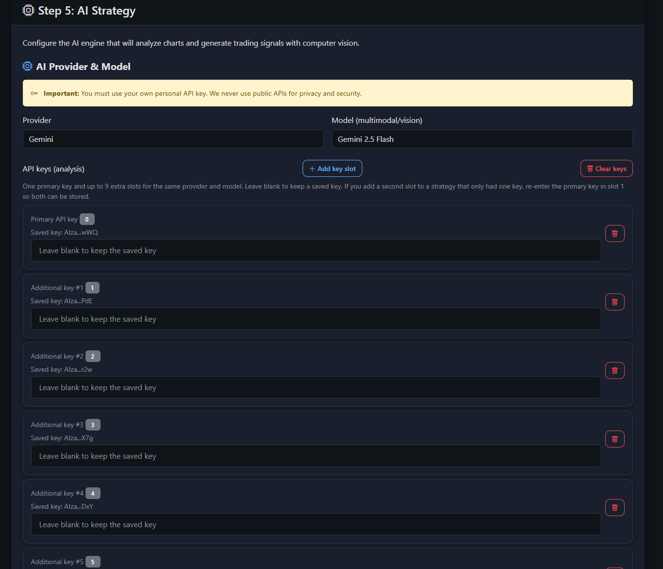 AI provider and API keys in The fAIfth Trader™
